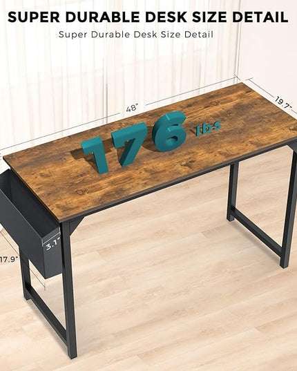 JHK Computer Desk Office 48 Inch Writing Work Kids Study Simple Wooden Table for Home Bedroom Modern Style with Headphone Hooks & Storage Bag, Rustic Brown - LeafyLoom