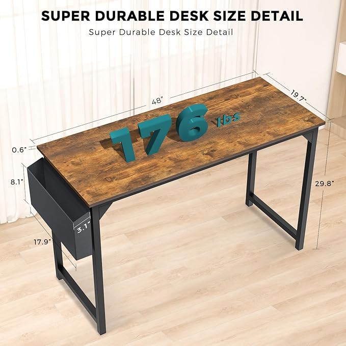 JHK Computer Desk Office 48 Inch Writing Work Kids Study Simple Wooden Table for Home Bedroom Modern Style with Headphone Hooks & Storage Bag, Rustic Brown - LeafyLoom