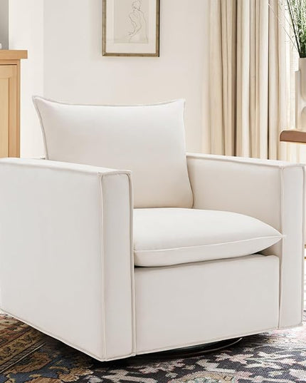 Swivel Accent Chair, 34 Inches Wide Upholstered Arm Chair with Plump Back Pillow, Modern Sofa Living Room Chair for Bedroom, Corner, Reading Nook-Beige - LeafyLoom