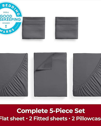 Mellanni Extra Deep Split King Sheets - 5 PC Iconic Collection Bedding Sheets & Pillowcases - Hotel Luxury, Ultra Soft, Cooling Bed Sheets - Extra Deep Pocket up to 21 inch (Split King, Gray) - LeafyLoom
