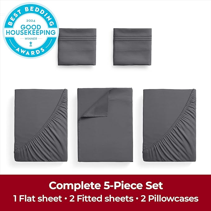 Mellanni Extra Deep Split King Sheets - 5 PC Iconic Collection Bedding Sheets & Pillowcases - Hotel Luxury, Ultra Soft, Cooling Bed Sheets - Extra Deep Pocket up to 21 inch (Split King, Gray) - LeafyLoom
