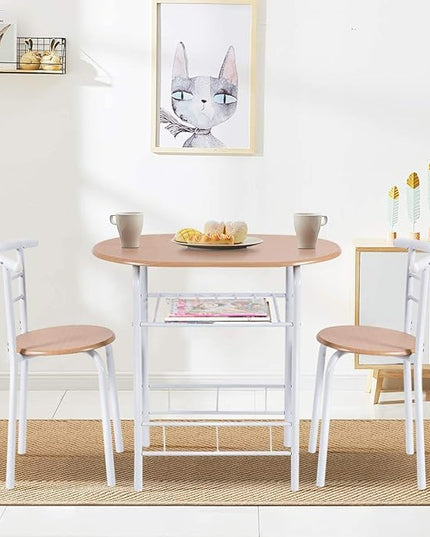 FANTASK 3 Pieces Dining Set, Breakfast Table Set w/Metal Frame and Storage Shelf, Compact Table and 2 Chairs Set for Home Bistro Pub Apartment Kitchen Dining Room Cafe - LeafyLoom