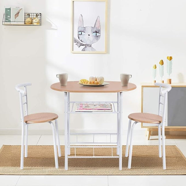 FANTASK 3 Pieces Dining Set, Breakfast Table Set w/Metal Frame and Storage Shelf, Compact Table and 2 Chairs Set for Home Bistro Pub Apartment Kitchen Dining Room Cafe - LeafyLoom
