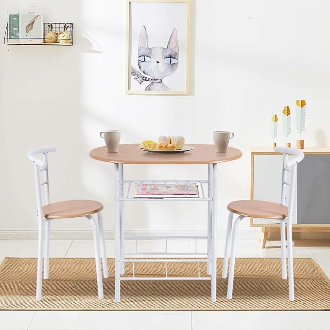 FANTASK 3 Pieces Dining Set, Breakfast Table Set w/Metal Frame and Storage Shelf, Compact Table and 2 Chairs Set for Home Bistro Pub Apartment Kitchen Dining Room Cafe - LeafyLoom