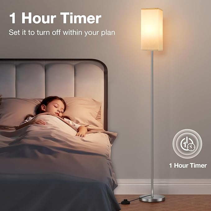 Ambimall Remote Control Floor Lamp, Stepless Dimmable, 64 Inches Tall, Include 9W Bulb, Standing Lamp for Living Room Bedroom Office (White & Sliver) - LeafyLoom
