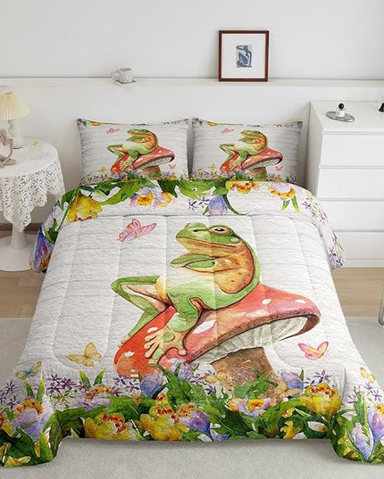Feelyou Frog Bedding Set Kids Kawaii Decor Comforter Set Frog Mushrooms Comforter Cover Set for Boys Room Decor Botanica Cute Mushroom Decor Green Red Duvet Set Twin Size 2Pcs Quilt Set - LeafyLoom