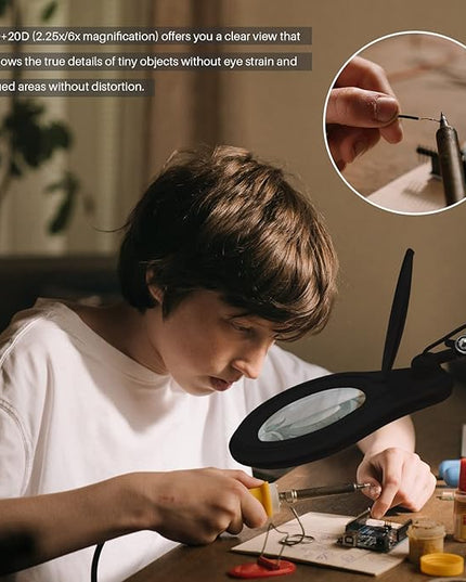 Bifocals LED Magnifying Lamp with Clamp, 5 Diopter with 20 Diopter, 5 Inch Magnifier Glass Lens, 1200 Lumens Dimmable Magnifier Lamp for Desk Craft Hobby with 60PCS Bright LEDs - LeafyLoom