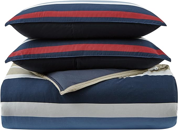 Nautica - Queen Comforter Set, Cotton Reversible Bedding with Matching Shams, Stylish Home Decor (Bradford Navy/Kahki, Queen) - LeafyLoom