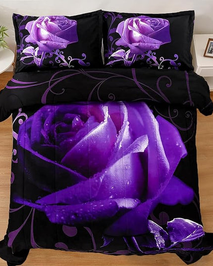 WONGS BEDDING Purple Comforter Set Queen Reversible Purple Rose Pattern Bedding Comforter with 2 Pillowcases for All Seasons, Soft Microfiber Filling Bedding Set 90"x90" - LeafyLoom