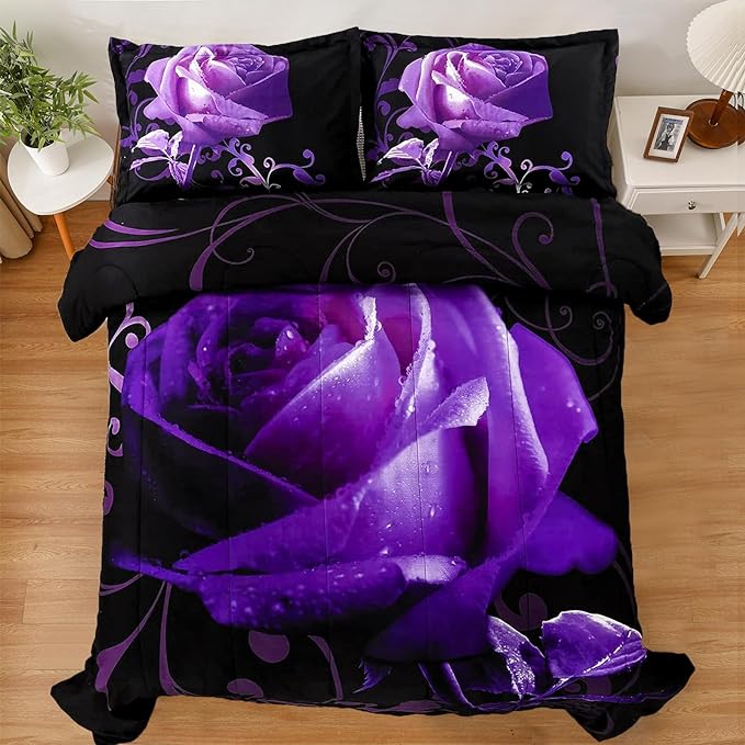 WONGS BEDDING Purple Comforter Set Queen Reversible Purple Rose Pattern Bedding Comforter with 2 Pillowcases for All Seasons, Soft Microfiber Filling Bedding Set 90"x90" - LeafyLoom