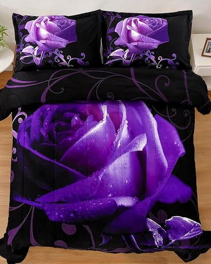 WONGS BEDDING Purple Comforter Set King Reversible Purple Rose Pattern Bedding Comforter with 2 Pillowcases for All Seasons, Soft Microfiber Filling Bedding 103"x90" - LeafyLoom