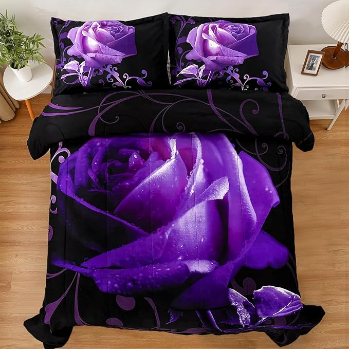 WONGS BEDDING Purple Comforter Set King Reversible Purple Rose Pattern Bedding Comforter with 2 Pillowcases for All Seasons, Soft Microfiber Filling Bedding 103"x90" - LeafyLoom