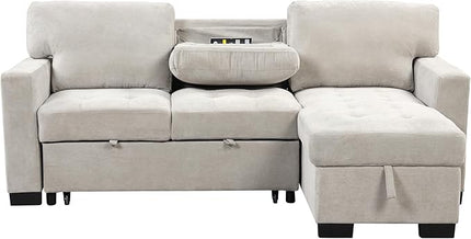 Convertible Sleeper Sectional Sofa Pull Out Bed with Right Hand Chaise Lounge, L-Shaped Velvet Upholstered Corner Couches, Pullout Sofabed with Storage and Drop Down Table & USB Charger - LeafyLoom