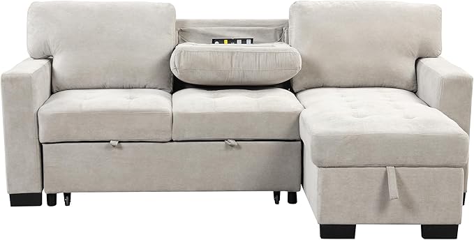 Convertible Sleeper Sectional Sofa Pull Out Bed with Right Hand Chaise Lounge, L-Shaped Velvet Upholstered Corner Couches, Pullout Sofabed with Storage and Drop Down Table & USB Charger - LeafyLoom