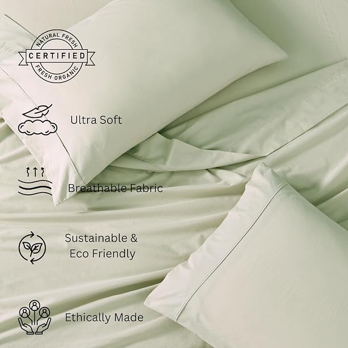 LANE LINEN 100% Organic Cotton Twin Sheets, 3Pc Twin Size Sheets, Breathable Twin Size Sheets for Boys, Luxury Hotel Sheets, 15" Deep Twin Size Fitted Sheet, Percale Weave - Mineral - LeafyLoom