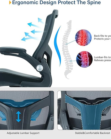 Office Chair Ergonomic Desk Chair with PU Leather Cushion Home Office Desk Chair, Computer Task Chair with Adjustable Lumbar Support & Flip-up Arms Swivel Mesh Back Executive Chair - LeafyLoom
