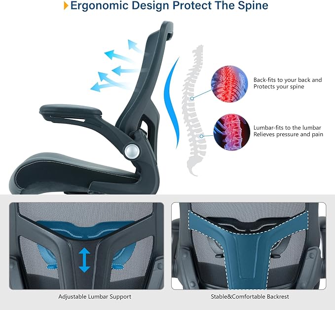 Office Chair Ergonomic Desk Chair with PU Leather Cushion Home Office Desk Chair, Computer Task Chair with Adjustable Lumbar Support & Flip-up Arms Swivel Mesh Back Executive Chair - LeafyLoom