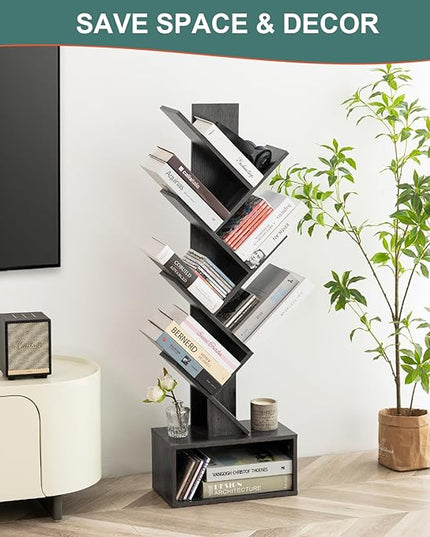 Yoobure Tree Bookshelf - 6 Shelf Retro Floor Standing Bookcase, Tall Wood Book Storage Rack for CDs/Movies/Books, Utility Book Organizer Shelves for Bedroom, Living Room, Home Office, Dark Grey - LeafyLoom
