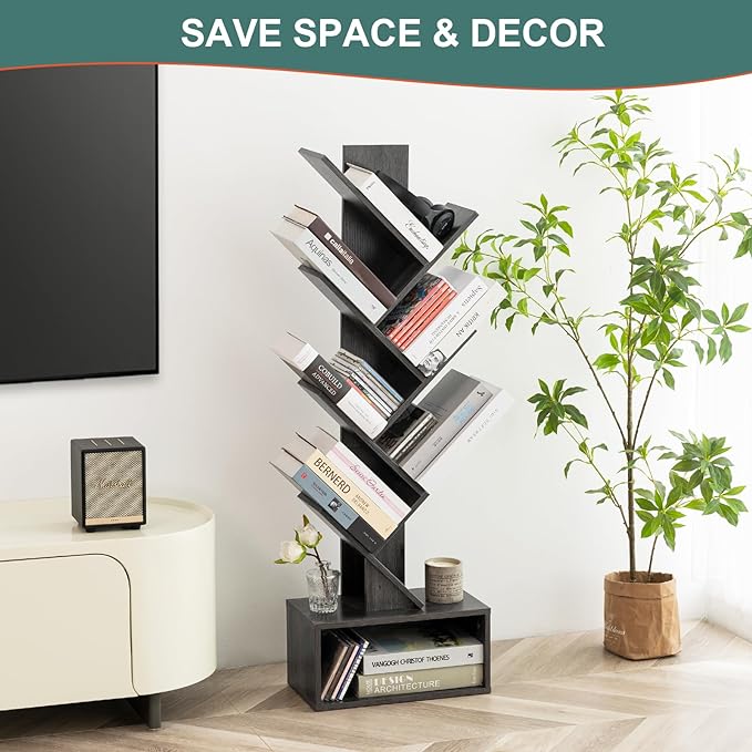 Yoobure Tree Bookshelf - 6 Shelf Retro Floor Standing Bookcase, Tall Wood Book Storage Rack for CDs/Movies/Books, Utility Book Organizer Shelves for Bedroom, Living Room, Home Office, Dark Grey - LeafyLoom