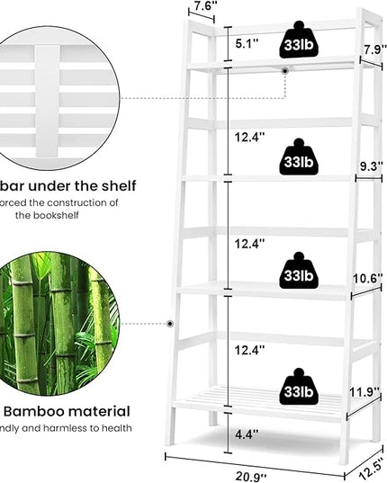 Homykic Bamboo White Bookshelf 4-Tier Ladder Shelf, 49.2” Freestanding Open Bookcase Book Shelf Bathroom Storage Shelf Unit Plant Stand for Small Space, Bedroom, Living Room, Home Office - LeafyLoom