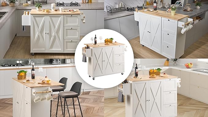 VEVOR Kitchen Island Cart with Solid Wood Top, 45.3" Width Mobile Carts with Storage Cabinet, Rolling Table with Spice Rack, Towel Rack, Drop Leaf and Drawer, Portable Islands on Wheels, White - LeafyLoom