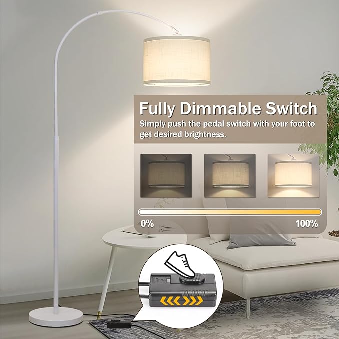 Seaside village Standing Lamp for Living Room, Dimmable Arc Floor Lamp with White Adjustable Hanging Shade, Modern Pole Lamp Tall Reading Light for Bedroom, Over Couch, Office, 9W LED Bulb Included - LeafyLoom