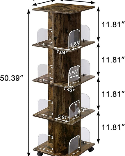 VECELO 4-Tier Rolling Bookshelf, Mobile Book Rack with Acrylic Windows, Storage Organizer Holder with Wheels for Bedroom, Living Room Home and Office, Space Saving, Brown - LeafyLoom