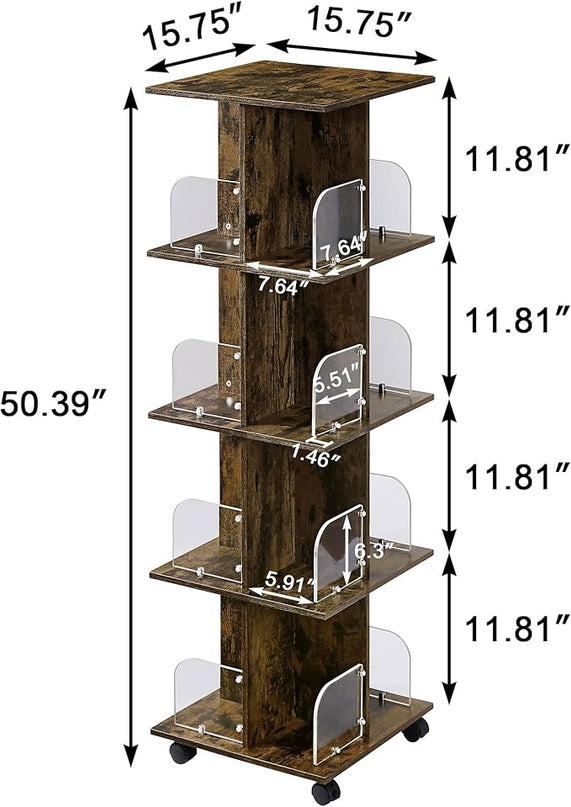 VECELO 4-Tier Rolling Bookshelf, Mobile Book Rack with Acrylic Windows, Storage Organizer Holder with Wheels for Bedroom, Living Room Home and Office, Space Saving, Brown - LeafyLoom