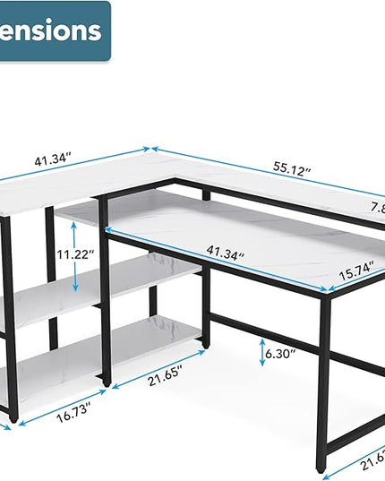 Reversible L Shaped Computer Desk with Storage Shelf, Industrial Corner Desk with Monitor Stand for Home Office - LeafyLoom