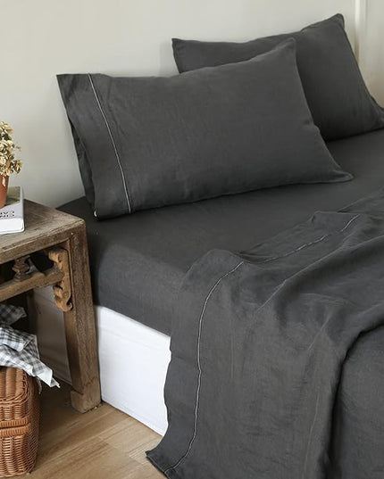 Simple&Opulence 100% Washed Linen Sheet Set-King Size-Natural France Flax Bed Sheet-4 Pcs Breathable,Ultra Soft,Farmhouse Bedding (1 Flat Sheet,1 Fitted Sheet,2 Pillowcases)-Embroidery Dark Grey - LeafyLoom