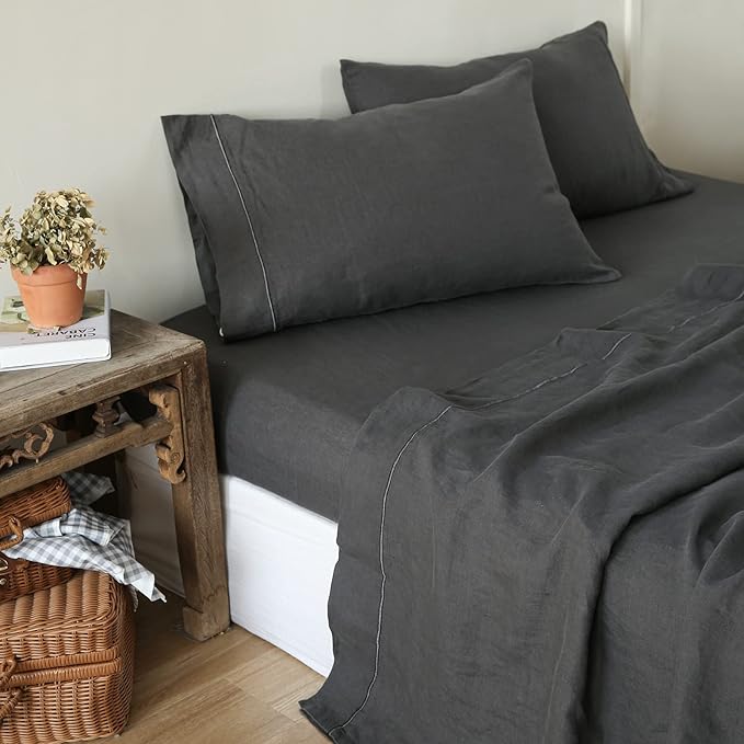 Simple&Opulence 100% Washed Linen Sheet Set-King Size-Natural France Flax Bed Sheet-4 Pcs Breathable,Ultra Soft,Farmhouse Bedding (1 Flat Sheet,1 Fitted Sheet,2 Pillowcases)-Embroidery Dark Grey - LeafyLoom