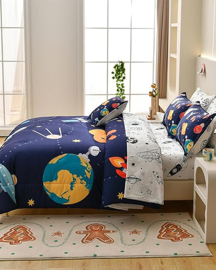 8 Piece Kid Comforter Set Twin Size Bed in a Bag, Space Rocket Bedding Set for Teen Boys Girls - LeafyLoom