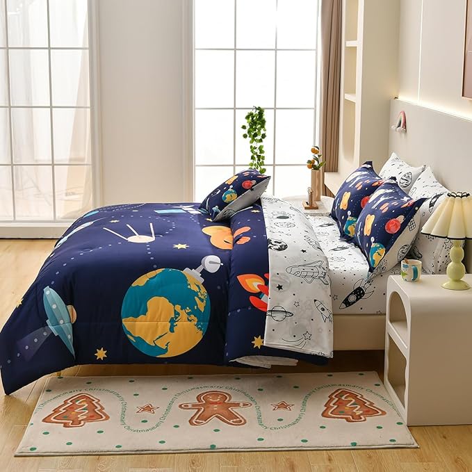 8 Piece Kid Comforter Set Twin Size Bed in a Bag, Space Rocket Bedding Set for Teen Boys Girls - LeafyLoom