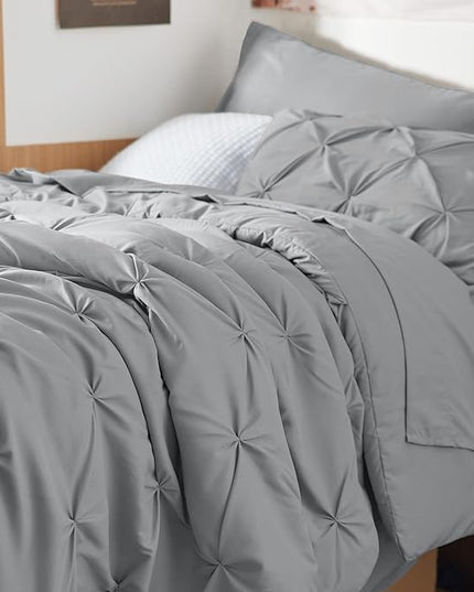 Bedsure Twin XL Comforter Set - Extra Long 5 Pieces Dorm Bedding Sets, Pinch Pleat Grey Bed in a Bag with Comforter, Sheets, Pillowcase & Sham - LeafyLoom