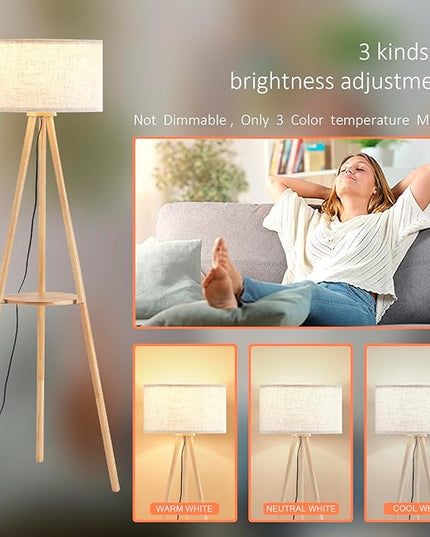 Wood Tripod Floor Lamp with Shelves,Linen Shade Modern Mid Century Wooden Standing Floor lamp for Living Room,with Three Color temparature Bulb Included,ETL Listed/Natural Wood Color - LeafyLoom