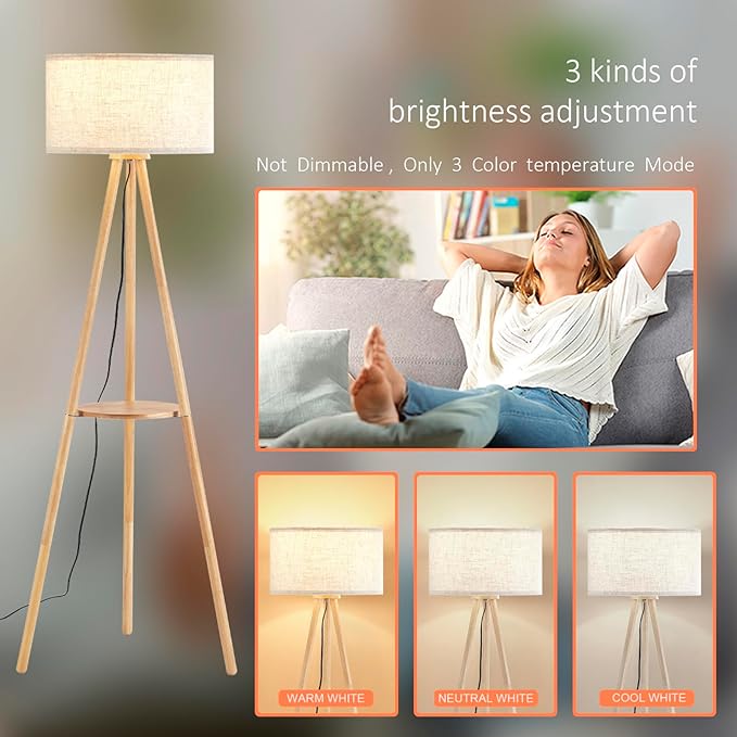 Wood Tripod Floor Lamp with Shelves,Linen Shade Modern Mid Century Wooden Standing Floor lamp for Living Room,with Three Color temparature Bulb Included,ETL Listed/Natural Wood Color - LeafyLoom