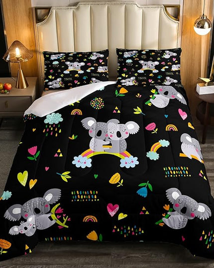 Erosebridal Koala Comforter Set, Kids Rainbow Bedding Set Twin Size Flower Love Heart Duvet Sets for Girls Boys Children Cute Animal Cartoon Down Comforter 2 Pieces with 1 Pillow Case, Black - LeafyLoom