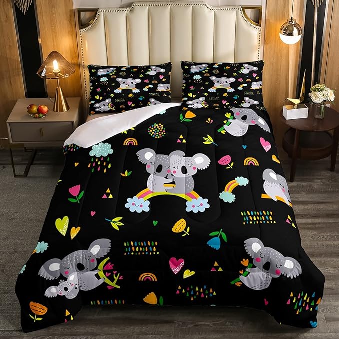 Erosebridal Koala Comforter Set, Kids Rainbow Bedding Set Twin Size Flower Love Heart Duvet Sets for Girls Boys Children Cute Animal Cartoon Down Comforter 2 Pieces with 1 Pillow Case, Black - LeafyLoom