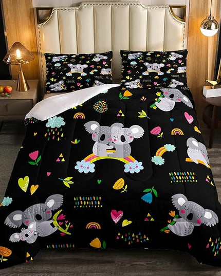 Erosebridal Koala Comforter Set, Kids Rainbow Bedding Set King Size Flower Love Heart Duvet Sets for Girls Boys Children Cute Animal Cartoon Down Comforter 3 Pieces with 2 Pillow Cases, Black - LeafyLoom