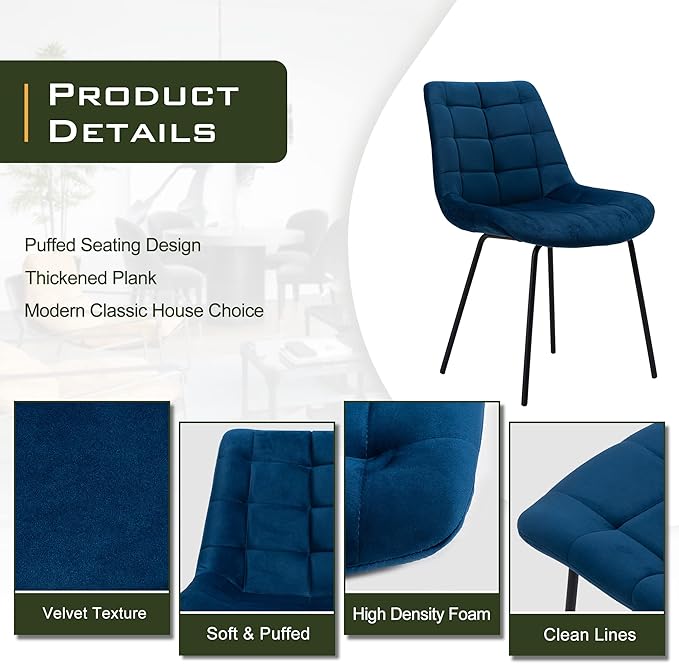 NicBex Velvet Dining Chairs, Upholstered Reception Chairs, Tufted Accent Chair with Metal Legs for Home Kitchen, Living Room, Set of 2, Blue - LeafyLoom