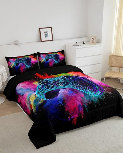Erosebridal Boys Gaming Bed Comforter Set Queen Size,Kids Gamer Bedding Sets Girls,Colorful Tie Dye Video Game Quilt Comforter Navy Blue Gamepad Lightweight Bedding Set 1 Comforter with 2 Pillowcases - LeafyLoom