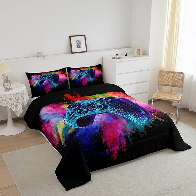 Erosebridal Boys Gaming Bed Comforter Set Queen Size,Kids Gamer Bedding Sets Girls,Colorful Tie Dye Video Game Quilt Comforter Navy Blue Gamepad Lightweight Bedding Set 1 Comforter with 2 Pillowcases - LeafyLoom