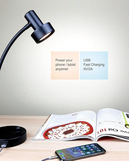 O’Bright Dimmable LED Desk Lamp with USB Charging Port (5V/2A), Full Range Dimming LED, Table Lamp with USB Charger, Flexible Gooseneck, Office Desk Lamp/Bedside Lamp, Vintage Design (Black) - LeafyLoom