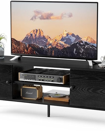 Sweetcrispy TV Stand for 55 60 inch Television, Entertainment Center with Storage, 2 Cabinet Media Console Table, Soft Hinge Door with Handle, Wood Feet, Living Room, Bedroom Furniture, Black - LeafyLoom