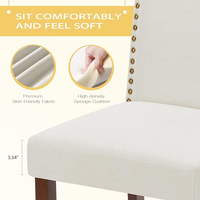 MCQ Upholstered Dining Chairs Set of 4, Modern Upholstered Fabric Dining Room Chair with Nailhead Trim and Wood Legs, Mid-Century Accent Dinner Chair for Living Room, Kitchen, Beige - LeafyLoom