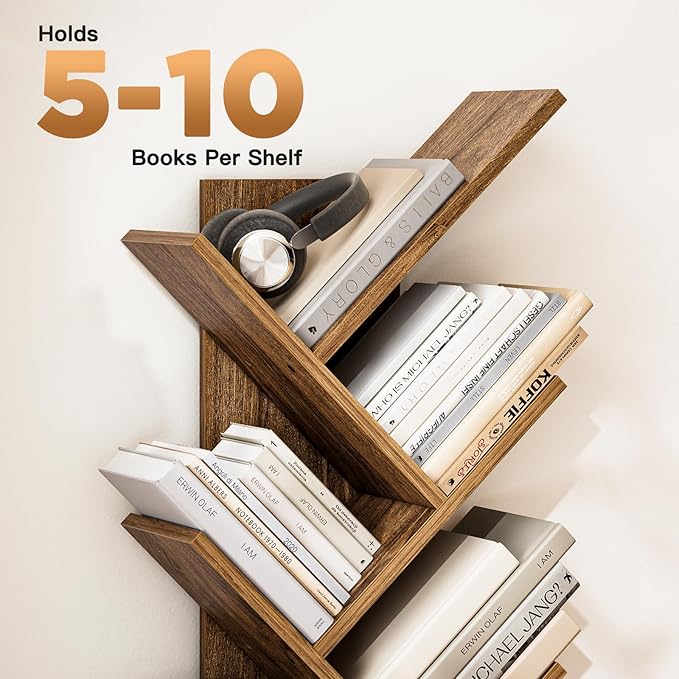 Pipishell Bookshelf with Drawer, 8-Tier Vertical Tree Bookshelf, Modern Bookcase, Modern Book Storage, Book Shelf Organizer for Living Room, Bedroom, Home Office, Rustic Brown, PIBS03WN - LeafyLoom