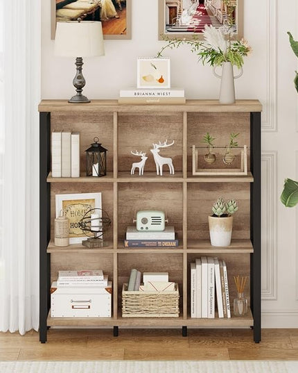 FATORRI 9 Cube Storage Bookshelf, Industrial 4 Shelf Book Shelf, Farmhouse Wood and Metal Cubby Bookcase for Home Office (39.37" W, Rustic Oak) - LeafyLoom
