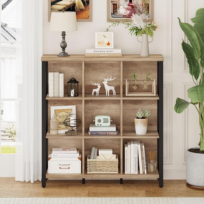 FATORRI 9 Cube Storage Bookshelf, Industrial 4 Shelf Book Shelf, Farmhouse Wood and Metal Cubby Bookcase for Home Office (39.37" W, Rustic Oak) - LeafyLoom