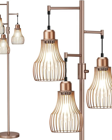 Dimmable Floor Lamps for Living Room, Industrial Tree Standing Tall Lamps with 3 Elegant Cage Shade & 800 Lumens LED Bulbs for Bedroom Office - Brown - LeafyLoom