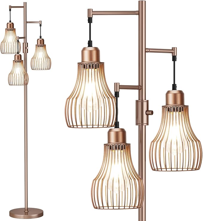 Dimmable Floor Lamps for Living Room, Industrial Tree Standing Tall Lamps with 3 Elegant Cage Shade & 800 Lumens LED Bulbs for Bedroom Office - Brown - LeafyLoom